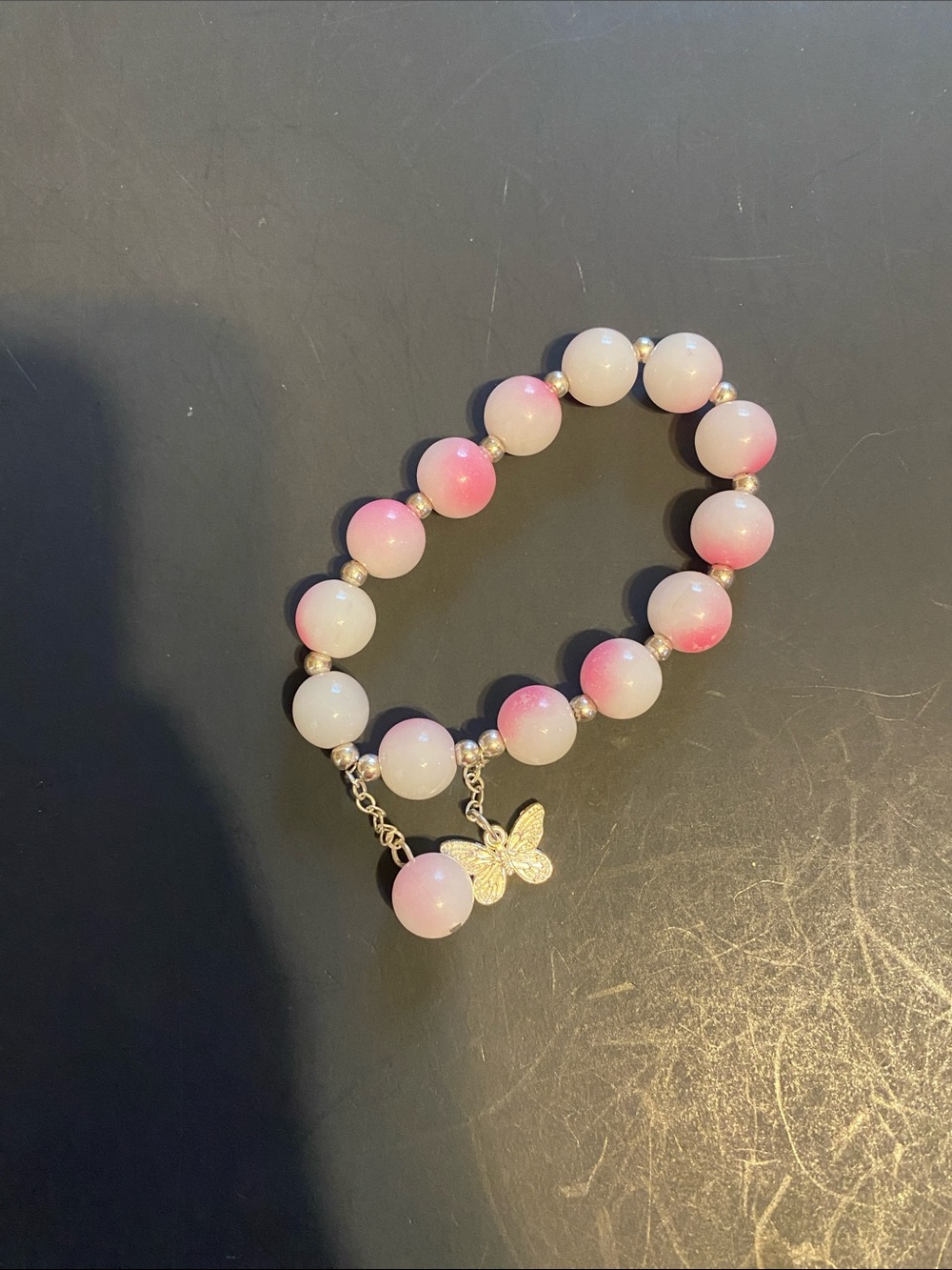 Pink Ombre Beaded Bracelet with Butterfly Charm